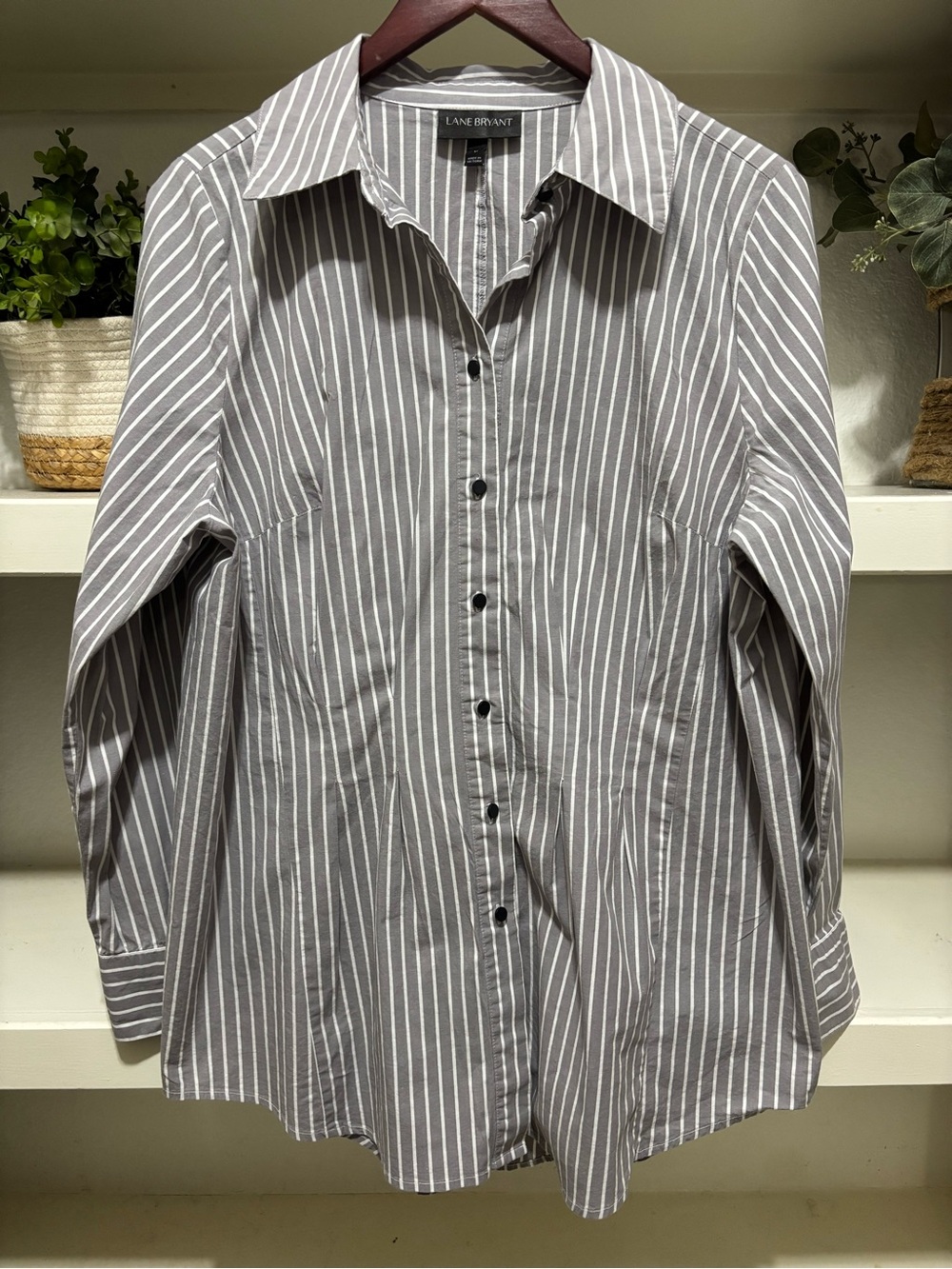 Lane Bryant Gray and White Striped Button-Up Shirt